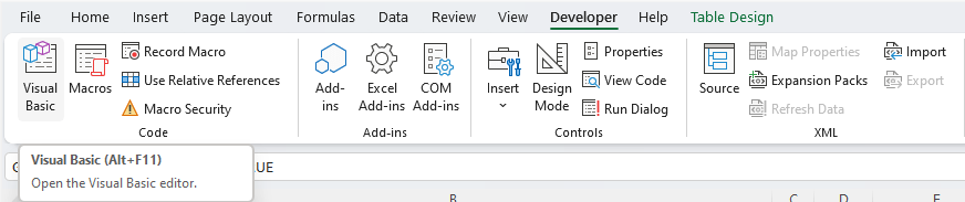 Use the Visual Basic button on the Developer tab on the ribbon